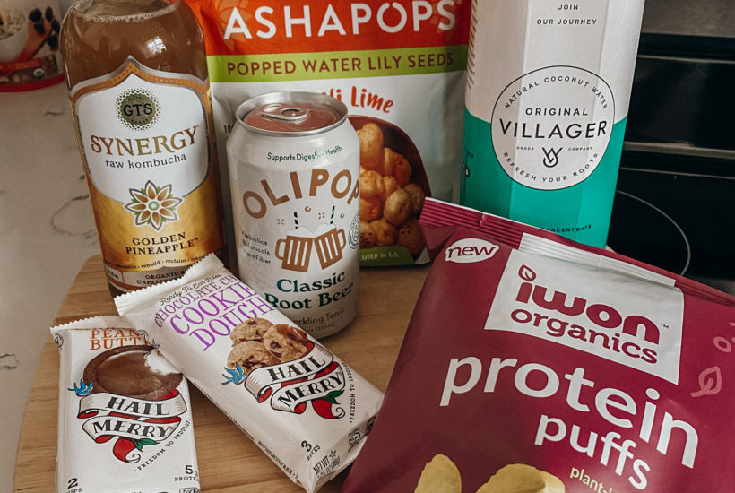 grocery haul with group oof healthy snacks and drinks like kombucha chips coconut water dessert and chips