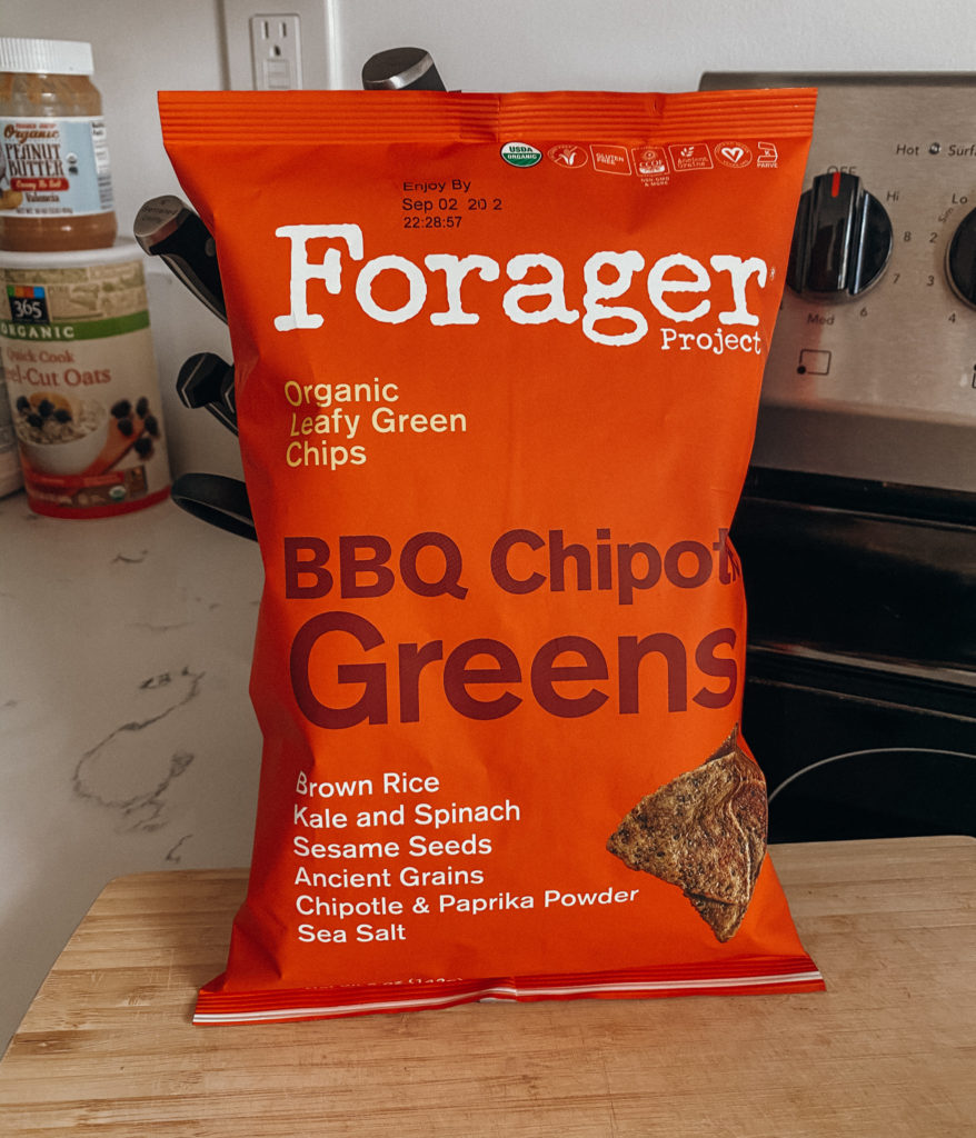 forager project organic leafy green chips bbq chipotle greens snack on kitchen countertop