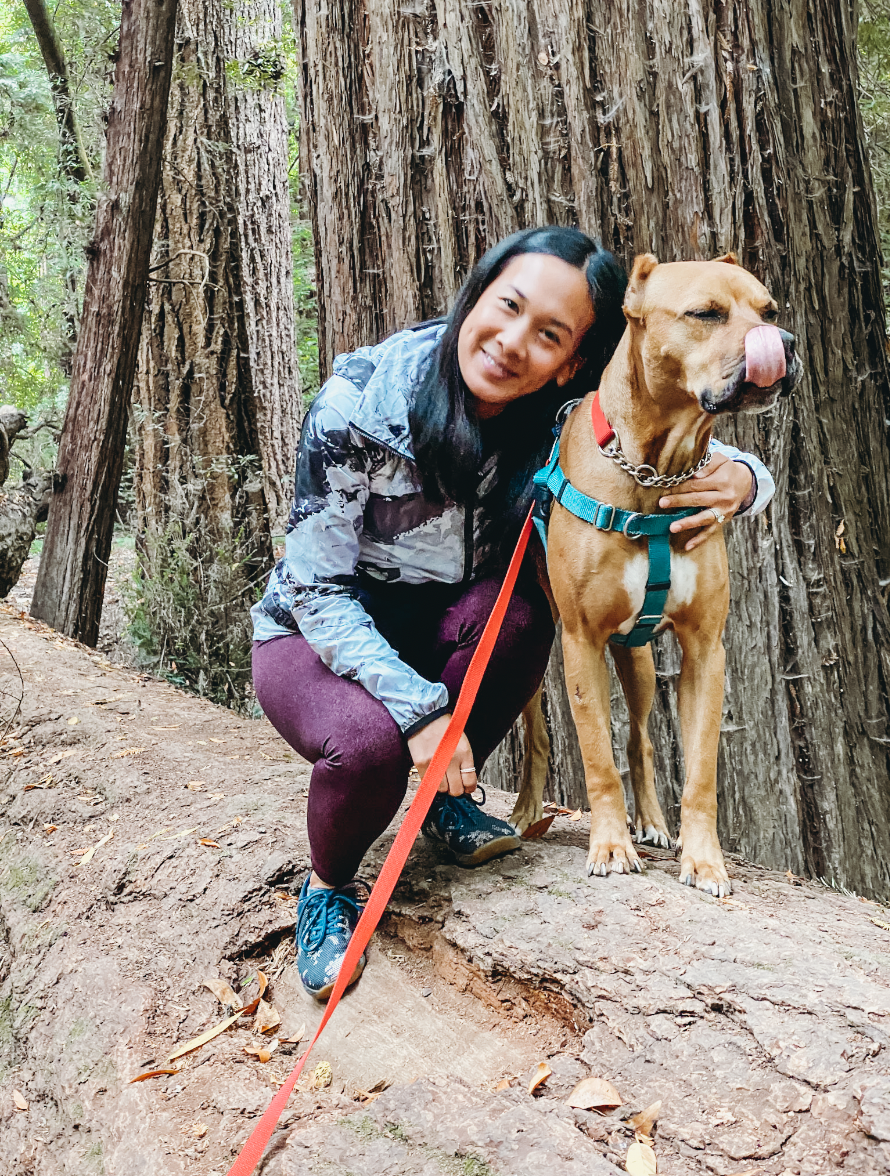 My dog olli and I hanging on a fallen redwood tree in Henry Cowell State Park